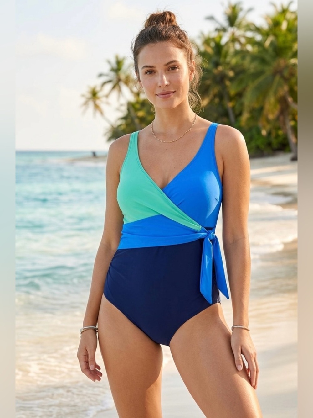 Colorblock Wrap One-Piece Swimsuit in Aqua, Royal & Navy size 14 (XL)